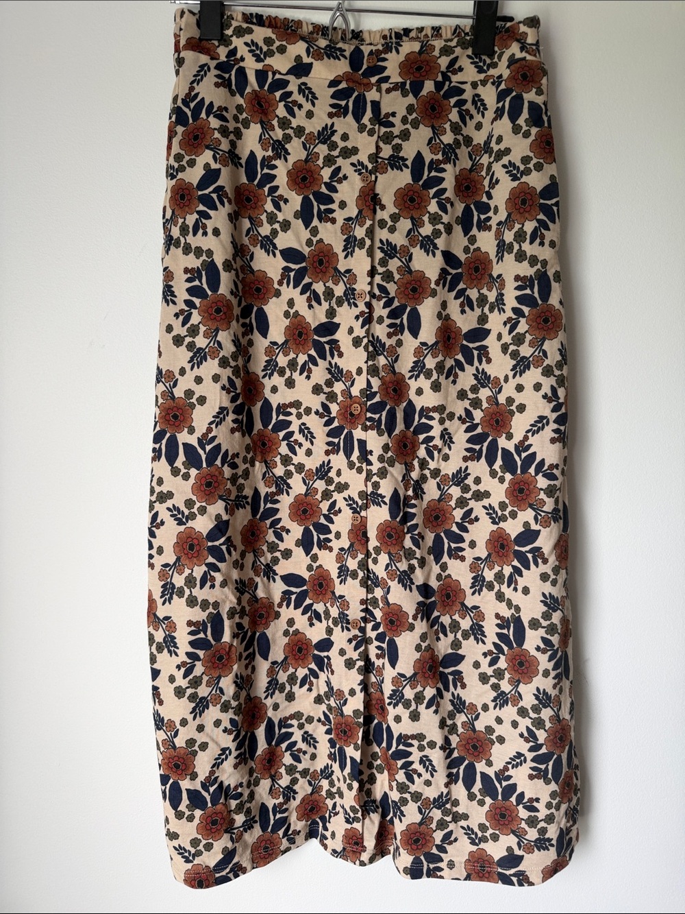 bobeau Cream Midi Skirt with Navy & Rust Floral Print